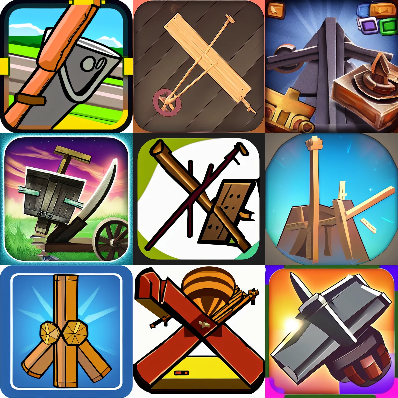 Prompt: a mobile game icon of a trebuchet
