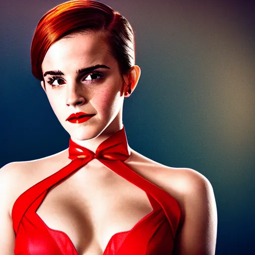 Prompt: Emma Watson as Jessica Rabbit, (Sony a7R IV, symmetric balance, polarizing filter, dynamic range, HDR, deep colors, staggered depth)