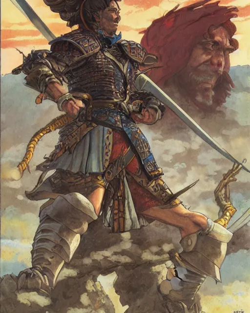 Image similar to portrait of a spanish conquistador in battle, by daniel zrom, masamune shirow, josan gonzales and studio ghibli