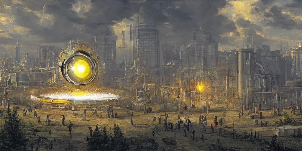 Image similar to wonderous fusion reactor, clean utopia, in an urban setting, by Ivan Shishkin and Greg Rukowski