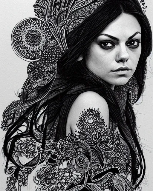 Prompt: mila kunis, black ink on paper, trending on artstation, beautiful, intricate, detailed