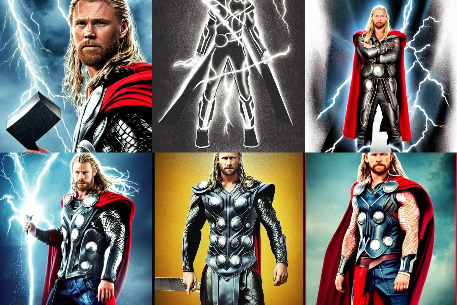 Prompt: ''thor god of thunder, lightin g, thunder, hammer, dark, realistic''