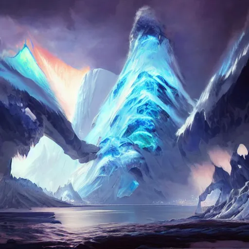 Image similar to blue glacier volcano eruption, blue glacier volcano eruption, blue glacier volcano eruption, ice cold blue theme, bright masterpiece artstation. 8 k, sharp high quality artwork in style of jose daniel cabrera pena and greg rutkowski, concept art by tooth wu, blizzard warcraft artwork, hearthstone card game artwork