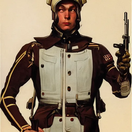 Prompt: futurist soldier, by leyendecker