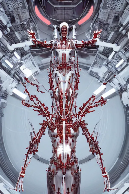 Prompt: space station interior white cross cross a statue jesus on cross made of red marble hands nailed to a cross perfect symmetrical body full body shot, inflateble shapes, wires, tubes, veins, jellyfish, white biomechanical details, wearing epic bionic cyborg implants masterpiece, intricate, biopunk, vogue, highly detailed, artstation, concept art, cyberpunk, octane render