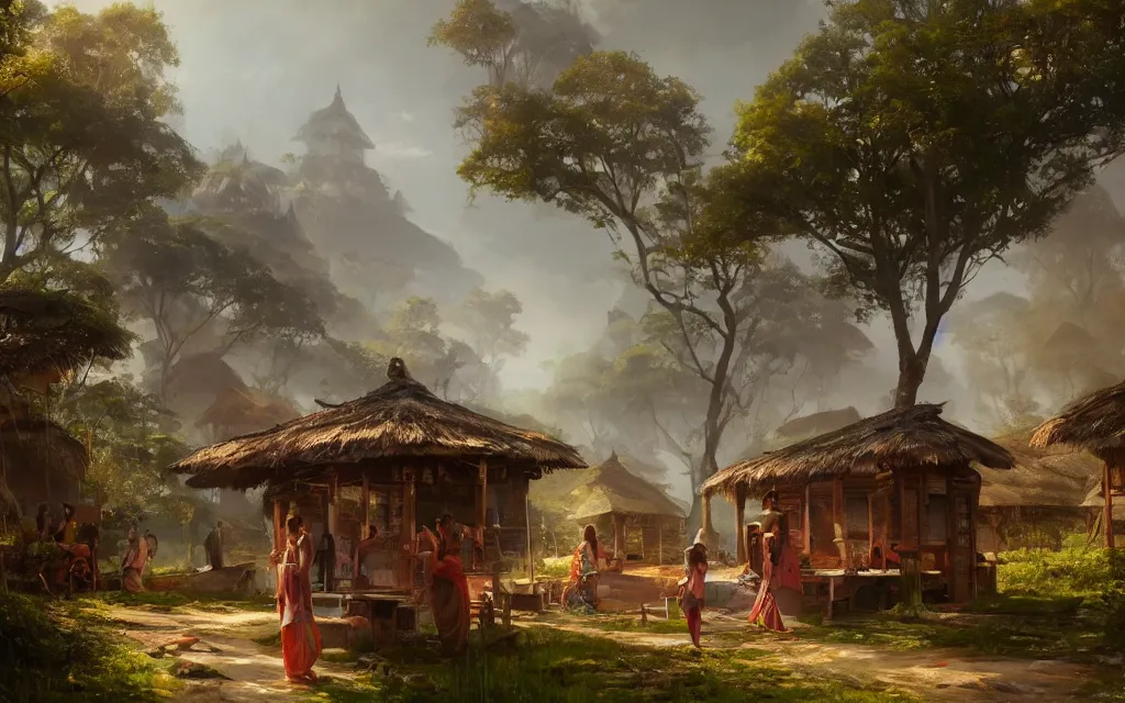 Prompt: kerala village, sharp focus, wide shot, trending on artstation, masterpiece, by greg rutkowski, by ross tran, by fenghua zhong, octane, soft render, oil on canvas, colorful, cinematic, environmental concept art