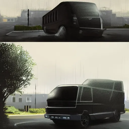 Image similar to a windowless black van parked on the street in front of an expensive modern house in a nice neighborhood, dramatic lighting, illustration by Greg rutkowski, yoji shinkawa, 4k, digital art, concept art, trending on artstation