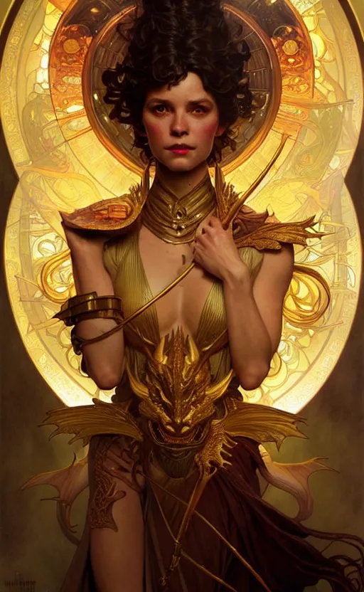 Image similar to magic gold dragon gorgeous lighting by weta studio, mucha, bautista and norman rockwell and greg rutkowski and tom bagshaw and james gurney and lucasfilm