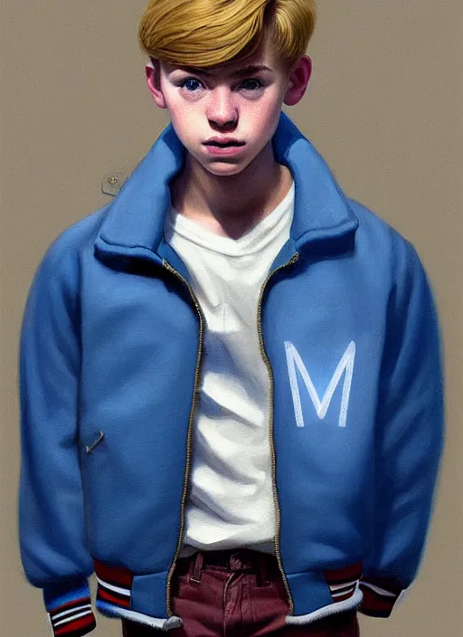 Image similar to portrait of a teenage boy named moose mason, blonde short hair, jock, beefy, square jaw, square facial structure, 1 9 5 0 s, blue varsity jacket, intricate, elegant, glowing lights, highly detailed, digital painting, artstation, concept art, smooth, sharp focus, illustration, art by wlop, mars ravelo and greg rutkowski