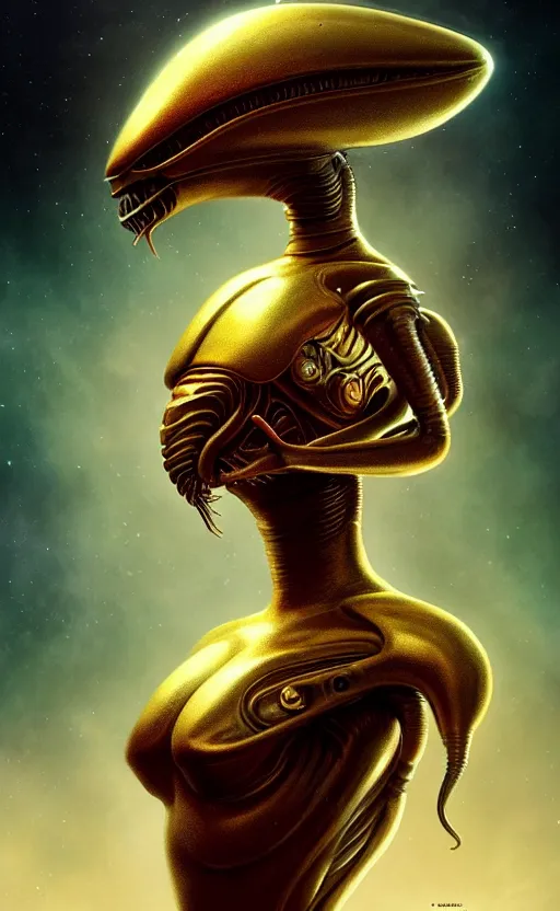 Prompt: exquisite imaginative alien creature poster art, humanoid, gold, movie art, by lucusfilm, weta studio, tom bagshaw, james jean, frank frazetta, 8 k, denoised