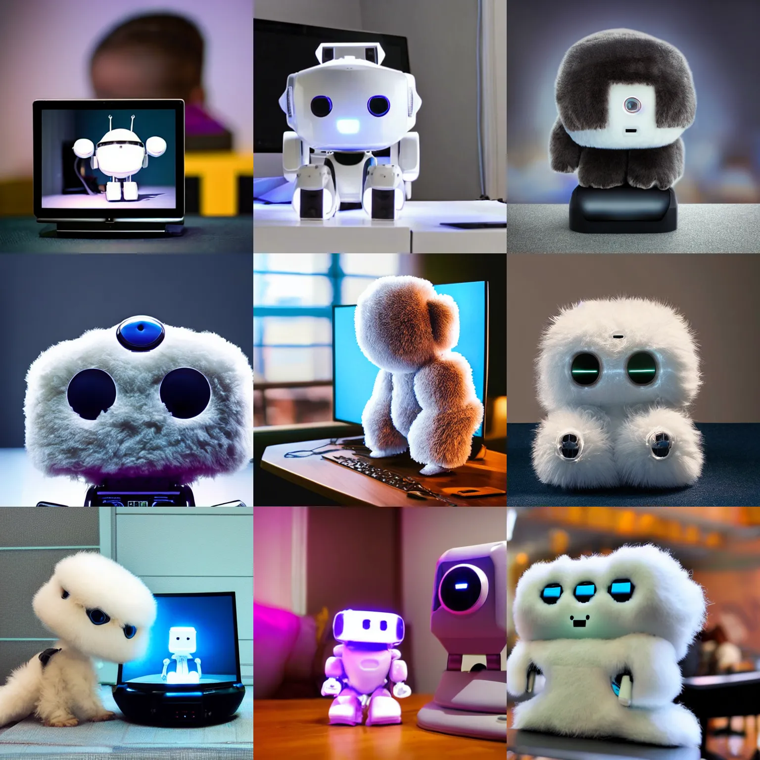 Prompt: <picture quality=hd+ mode='attention grabbing'>an adorable fluffy robot projects its dreams onto a monitor</picture>