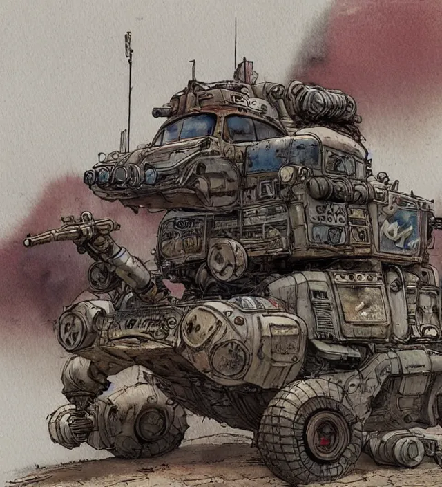 Image similar to a watercolor ink painting of a post - apocalyptic mad max / fallout style tank in the style of jean giraud in the style of moebius trending on artstation deviantart pinterest detailed realistic hd 8 k high resolution