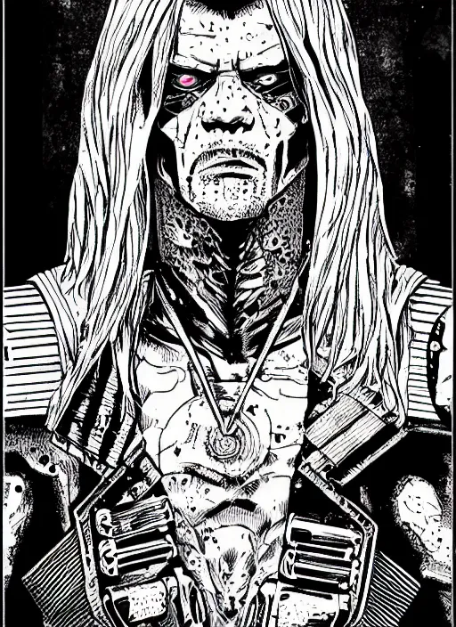 Prompt: the undertaker cyborg, portrait, cyberpunk 2 0 2 0 manual, by steampoweredmikej, inktober, ink drawing, black and white, coloring pages, manga, highly detailed