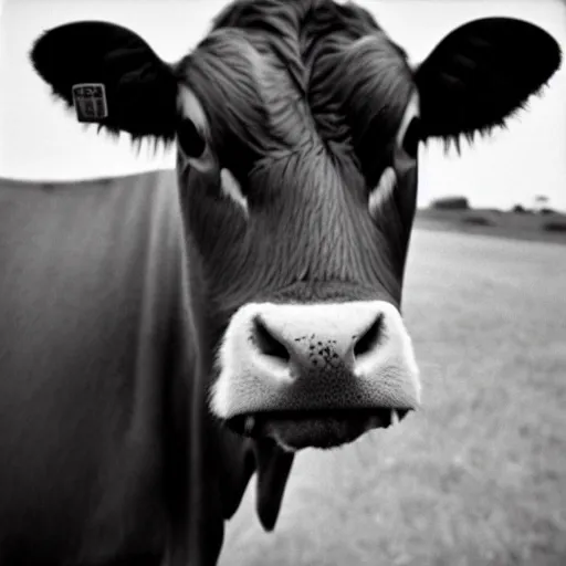 Image similar to Mugshot Portrait of a Guernsey Cow, taken in the 1970s, photo taken on a 1970s polaroid camera, grainy, real life, hyperrealistic, ultra realistic, realistic, highly detailed, epic, HD quality, 8k resolution, body and headshot, film still, front facing, front view, headshot and bodyshot, detailed face, very detailed face