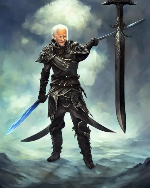 Image similar to A full-body anime portrait of Joe Biden with crazy hair holding a huge sword from Skyrim, by Stanley Artgerm Lau, WLOP, Rossdraws, James Jean, Andrei Riabovitchevy, Marc Simonetti, and Sakimichan, trending on artstation