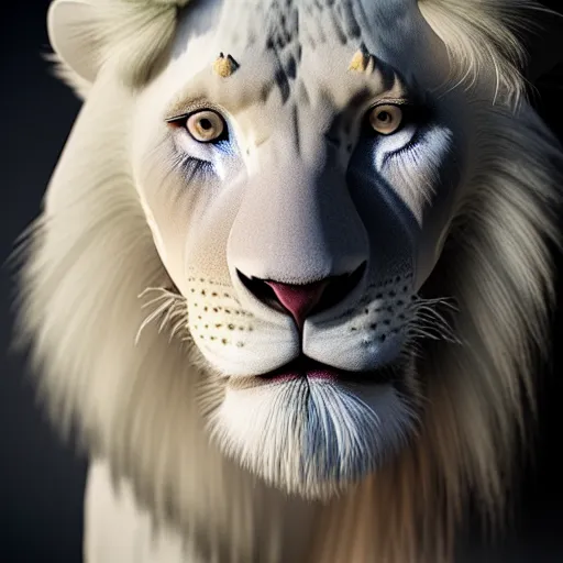 Prompt: a full body photograph of a white lion,photorealiatic,hyperdetailed,hyperrealistic,studio lighting,studio photography,professional photography,professional lighting,detailed face,3 point lighting,4k,dramatic