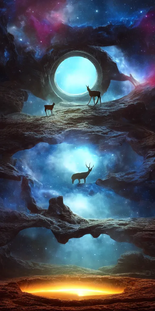 Prompt: a deer peering into a giant portal into the universe in the shape of a keyhole to the nebulae and galaxies, beautiful matte painting by weta workshop 4 k, cinematic dramatic atmosphere, dramatic lighting, trending on artstation