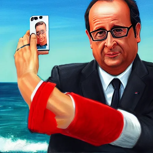 Prompt: a selfie of François Hollande in the show Baywatch, highly detailed, digital painting, artstation, concept art, smooth, sharp focus, illustration, mustach