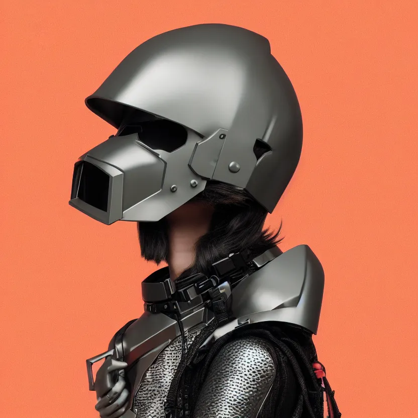 Prompt: full portrait of a post modern hybrid fashion model with an exuberant tactical bio helmet, colorful, octane render, vray, detailed, halftoned, editorial illustration, matte print, grainy light, ( ( dither ) ), risograph, high contrast, screen print, grainy texture