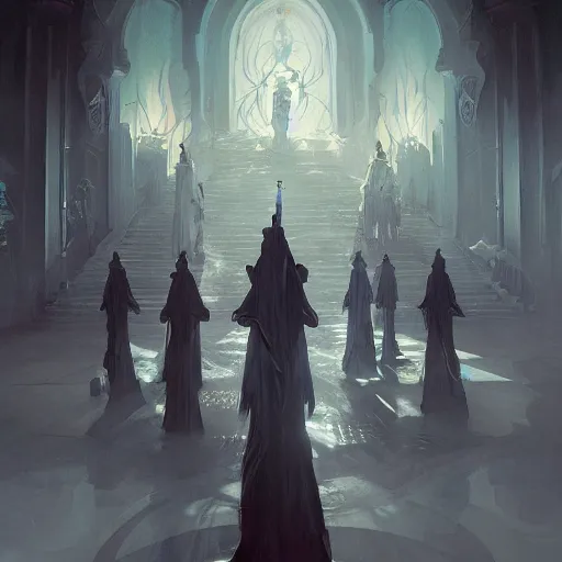 Prompt: occult worshipers, cinematic 4k wallpaper, digital painting by James Jean and Greg Rutkowski, intense lighting, oppressive, beautiful masterpiece, photorealism, trending on artstation, unreal engine