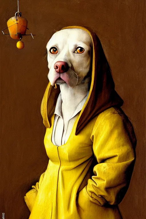 Prompt: hieronymus bosch, greg rutkowski, anna podedworna, painting of a brown haired dog eared girl with yellow blazer over a white dress who works at a bakery, close up portrait