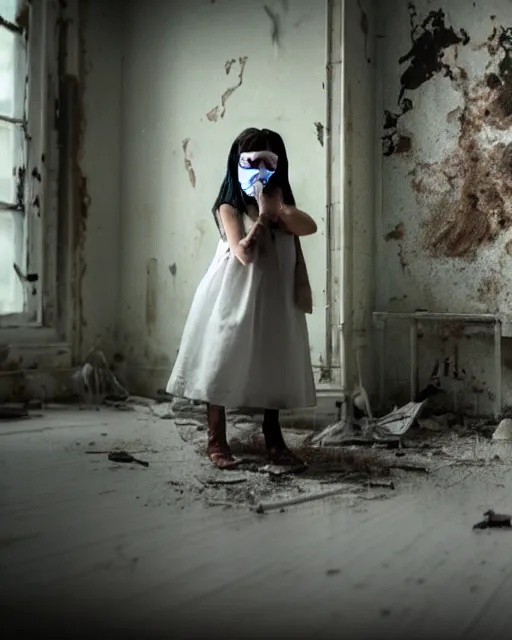 Image similar to an amazing award winning photo of a creepy little girl wearing a dirty white dress with long wet black hair covering her face standing in a filthy room in an abandoned old asylum, photo by mario testino, 8k octane render, cinematic, hyper detailed, micro details, insanely detailed, trending on artstation, concept art