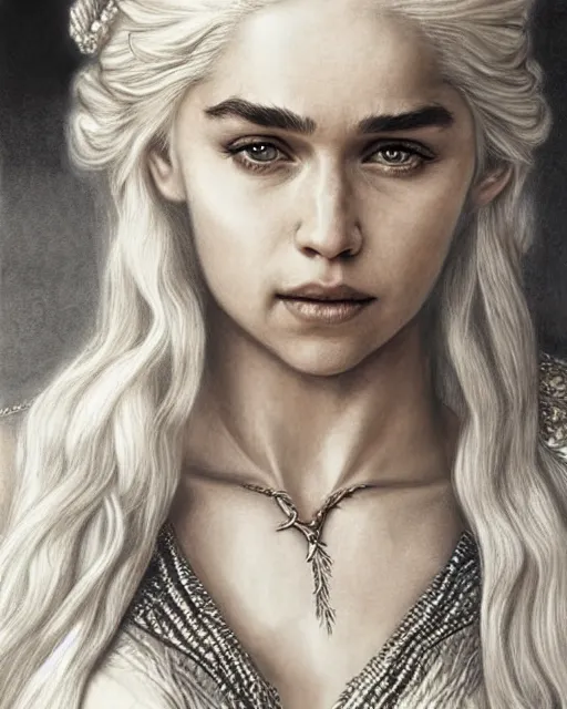 Image similar to pencil drawing of beautiful daenerys targaryen as greek goddess aphrodite with arrowhead jewelry, beautiful piercing eyes, beautiful blonde hair, hyper realistic face, in the style of greg rutkowski, fantasy, amazing detail, epic, elegant, smooth, sharp focus, from the front