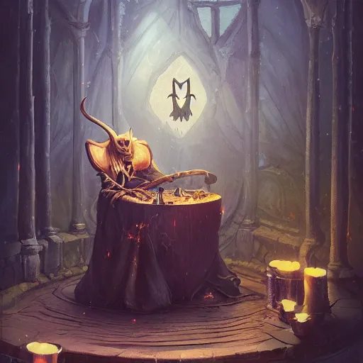 Image similar to a tarot card with interior witch's house with a cauldron smoking, one crow, fantasy art, in the style of greg rutkowski, illustration, epic, fantasy, cinematic, intricate, hyper detailed, artstation, concept art, smooth, sharp focus, ray tracing