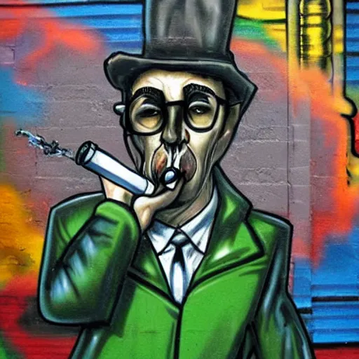 Prompt: graffiti art of the g - man from half life with a large cannabis cigarette in his mouth