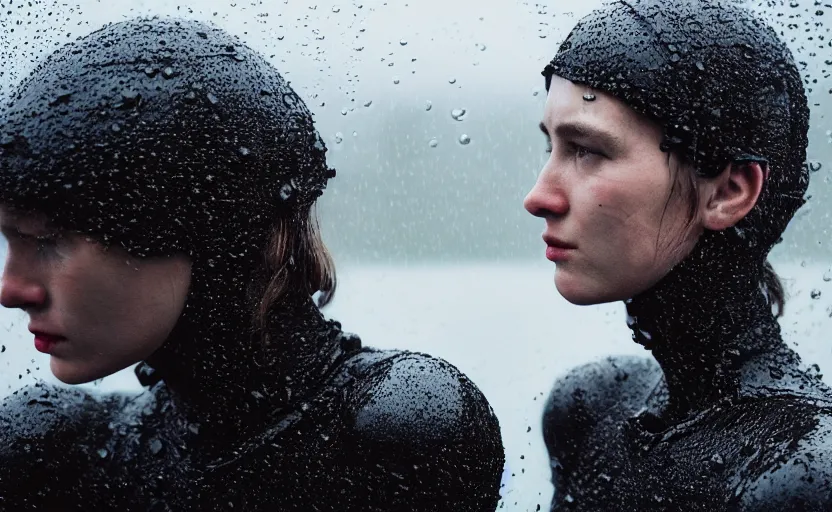 Image similar to cinestill 5 0 d candid photographic portrait by christopher nolan of two loving female androids wearing rugged black mesh techwear in treacherous waters, extreme closeup, modern cyberpunk moody emotional cinematic, pouring rain, 8 k, hd, high resolution, 3 5 mm, f / 3 2, ultra realistic faces, ex machina