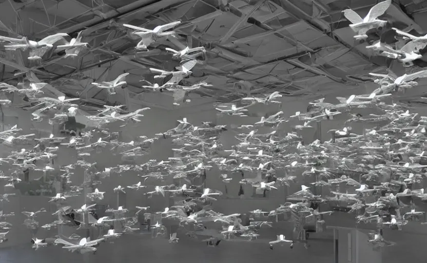 Prompt: a flock of robotic birds at the charging station, hyperdetailed, hyperrealistic