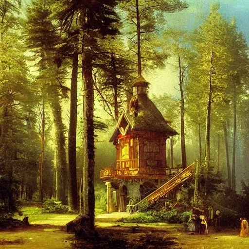 Prompt: masterpiece oil painting of a fantasy hotel in a beautiful forest by ivan shishkin and aivazovsky, highly detailed