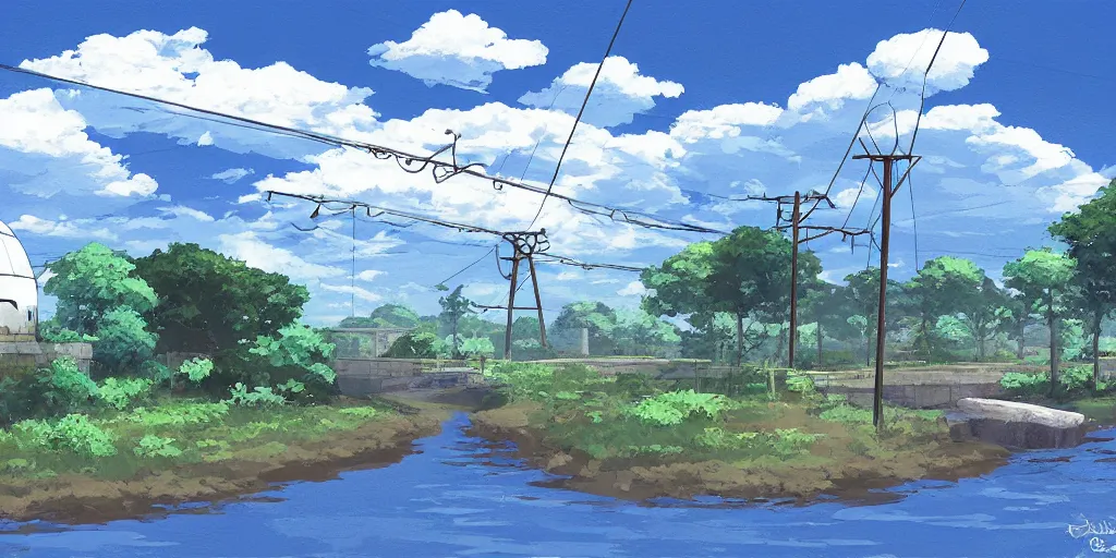 Image similar to round white dome and power lines, by a river and fields, art station, digital art, Studio Ghibli