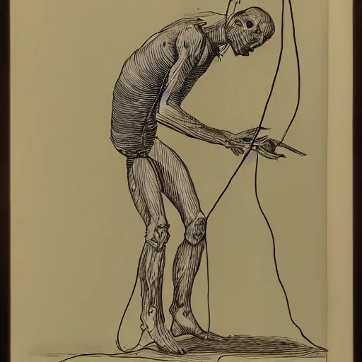 Prompt: a man of skin and wires throwing bones