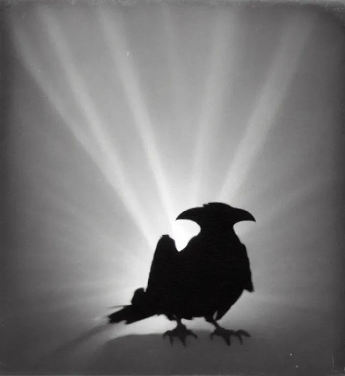 Image similar to wide angle, dark old polaroid of a ethereal raven bird, being illuminated by few sun rays, black and white