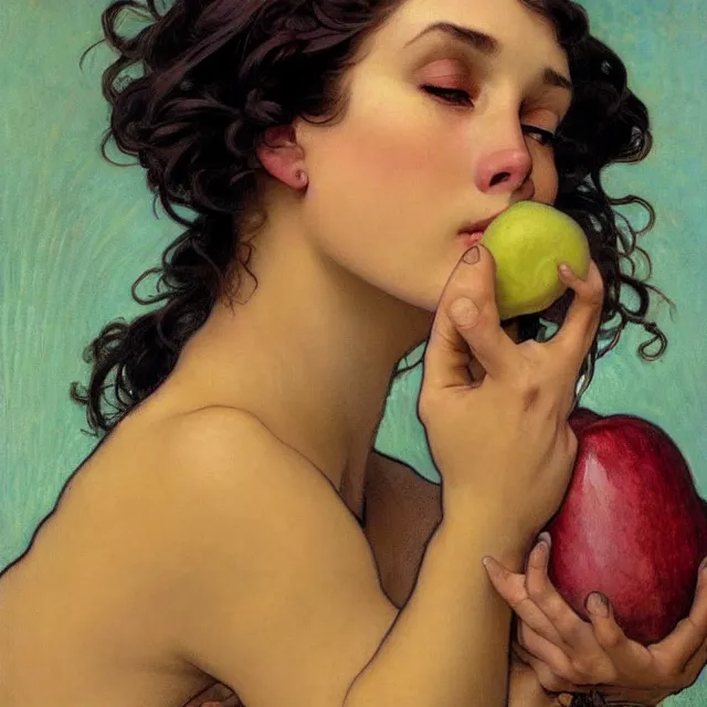 Image similar to an aesthetic! detailed close - up portrait of an aesthetic woman crying mournfully while holding an apple, by frank frazetta and alphonse mucha, oil on canvas, bright colors, art nouveau, epic composition, dungeons and dragons fantasy art, hd, god - rays, ray - tracing, crisp contour - lines, huhd - 8 k