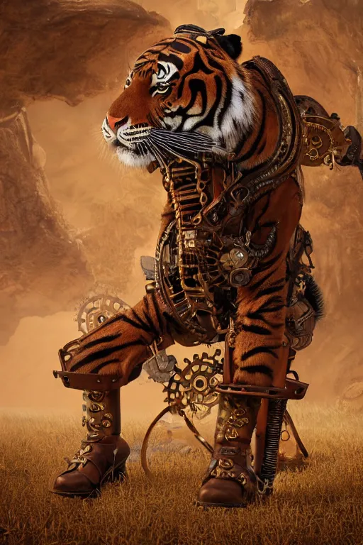 Prompt: anthropomorphic tiger as a steampunk cowgirl, intricate, elegant, highly detailed, digital painting, artstation, concept art, smooth, sharp focus, contemporary fashion shoot, by edward robert hughes, annie leibovitz and steve mccurry, david lazar, jimmy nelsson, hyperrealistic, octane render