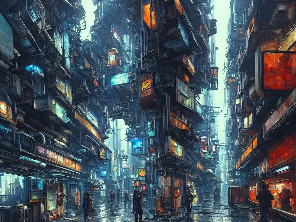 Prompt: realistic painting of a complex, distorted, gritty alleyway of a futuristic city, piping, concept art, technological screens, cyberpunk style, cyberpunk ads, computation, intricate detail, noriyoshi ohrai and edward hopper, realism, blue color scheme, trending on artstation