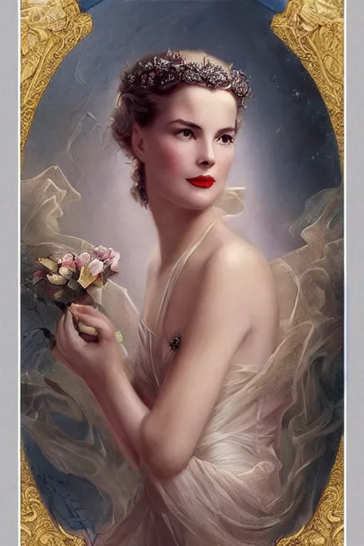 Prompt: a young and extremely beautiful grace kelly infected by night by tom bagshaw in the style of a modern gaston bussiere, art nouveau, art deco, surrealism. extremely lush detail. melancholic night scene. perfect composition and lighting. profoundly surreal. high - contrast lush surrealistic photorealism. sultry and mischievous expression on her face.