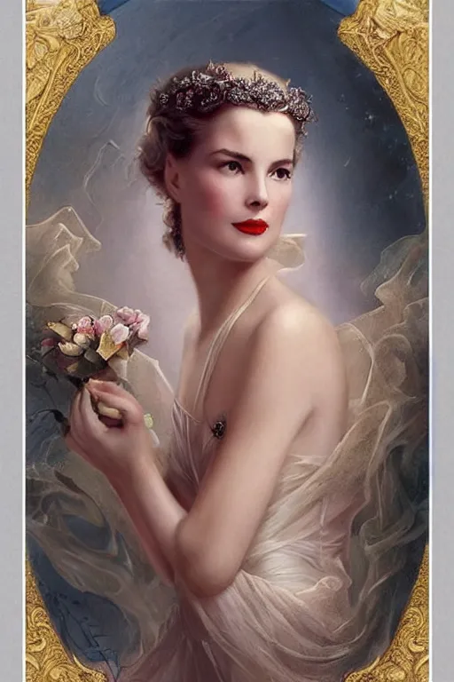 Image similar to a young and extremely beautiful grace kelly infected by night by tom bagshaw in the style of a modern gaston bussiere, art nouveau, art deco, surrealism. extremely lush detail. melancholic night scene. perfect composition and lighting. profoundly surreal. high - contrast lush surrealistic photorealism. sultry and mischievous expression on her face.