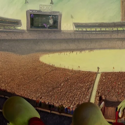 Prompt: A photograph of Shrek at the olympics, realistic, large crowd, vintage shading, by greg rutkowski