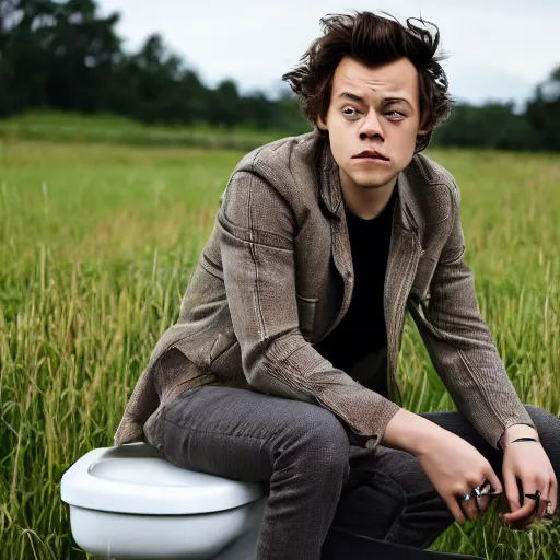 Prompt: harry styles sat on the toilet in the middle of a field