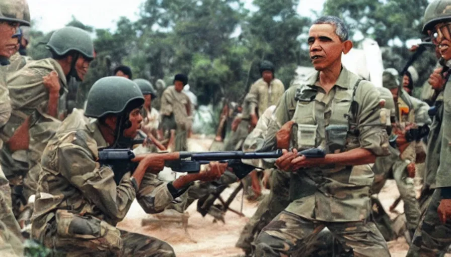 Image similar to obama fighting the war in vietnam with a rifle