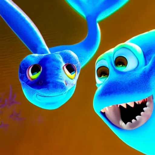 Image similar to smiling baby fish aquatic dinosaurs with glowing blue bio - phosphorescent lines throughout skin texture. rendered by pixar