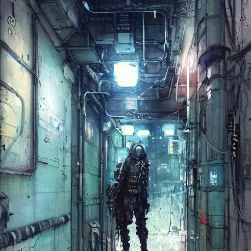 Prompt: Octopus in a hallway, cyberpunk, realistic, detailed, Industrial Scifi, paint, watercolor, in the style of Ashley Wood and Wadim Kashin