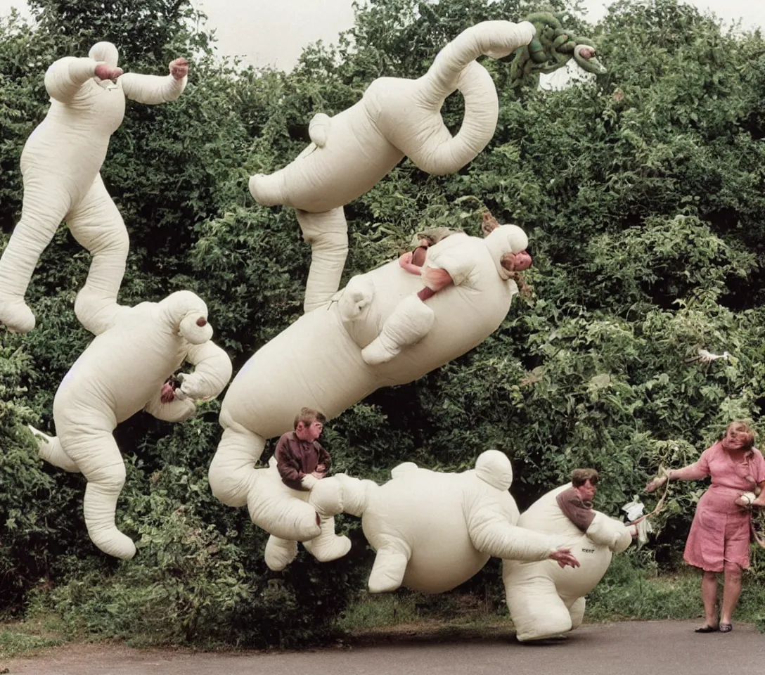 Prompt: a 3 5 mm photography, kodachrome colour, of grandpa fighting with white michelin man costume, riding a hippo, strange creatures and alien plants around, photos taken by martin parr