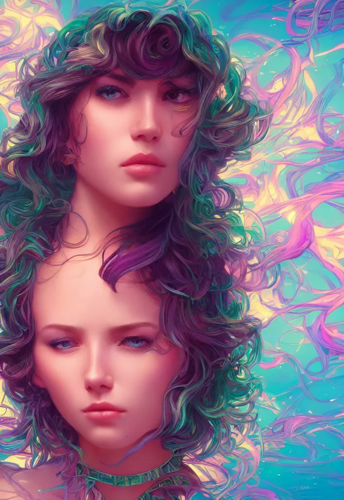 Image similar to beautiful, young woman, detailed gorgeous face, vaporwave aesthetic, synthwave, colorful, psychedelic, artstation, concept art, smooth, extremely sharp detail, finely tuned detail, ultra high definition, 8 k, unreal engine 5, ultra sharp focus, illustration, art by artgerm, greg rutkowski and alphonse mucha
