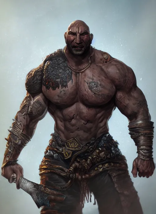 Image similar to A fantasy comic book style portrait painting of Dave Bautista as a grim orc warrior, unreal 5, DAZ, hyperrealistic, octane render, RPG portrait, dynamic lighting