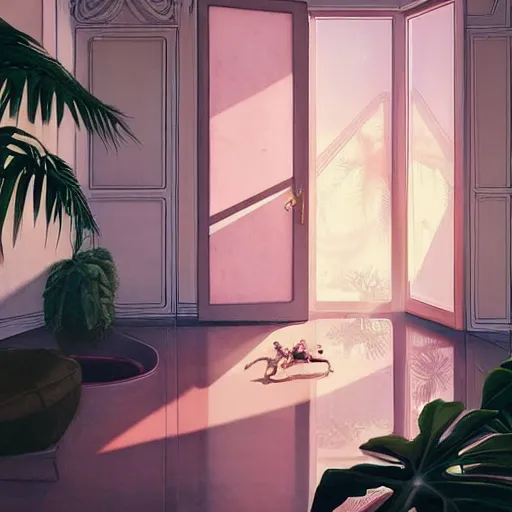 Prompt: indoor space, golden light, greg rutkowski, palm trees, pink door, minimalistic, hyperrealistic surrealism, award winning masterpiece with incredible details, epic stunning, infinity pool mirrors, a surreal vaporwave miami vice space, highly detailed, trending on artstation, artgerm and greg rutkowski and alphonse mucha, daily deviation