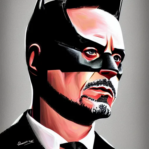 Prompt: digital painting of robert downey jr as batman